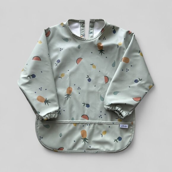 NWOT Lalo Waterproof Long Sleeve Bib Smock 12mo–3T Green w/ Fruit Print - Picture 1 of 4